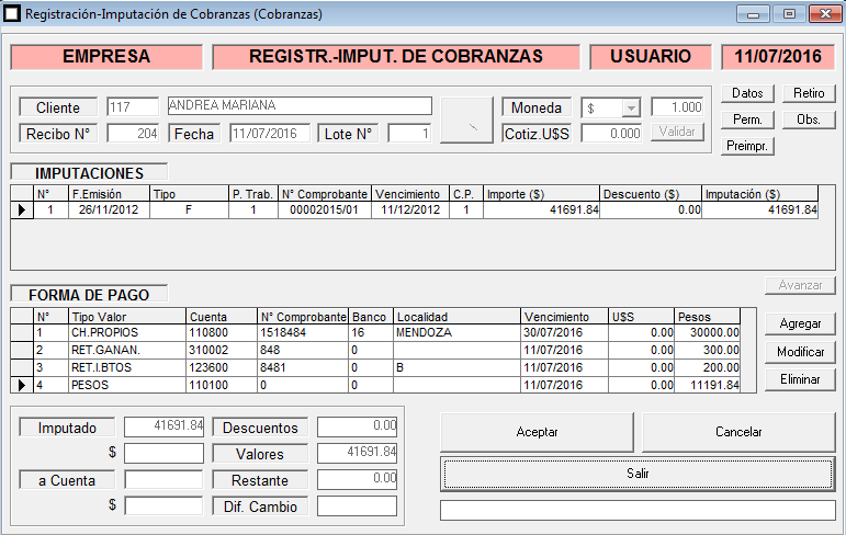 ERP Naitiva - Registración de Recibos de Cobranzas