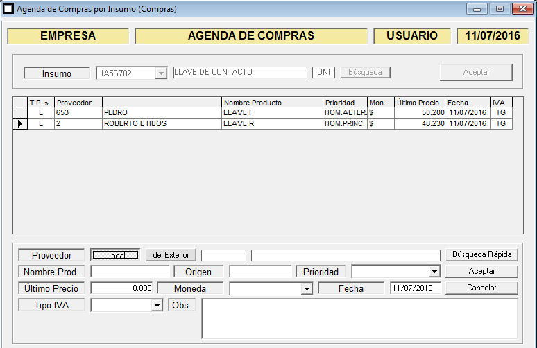 ERP Naitiva - Agenda de Compras por Insumo