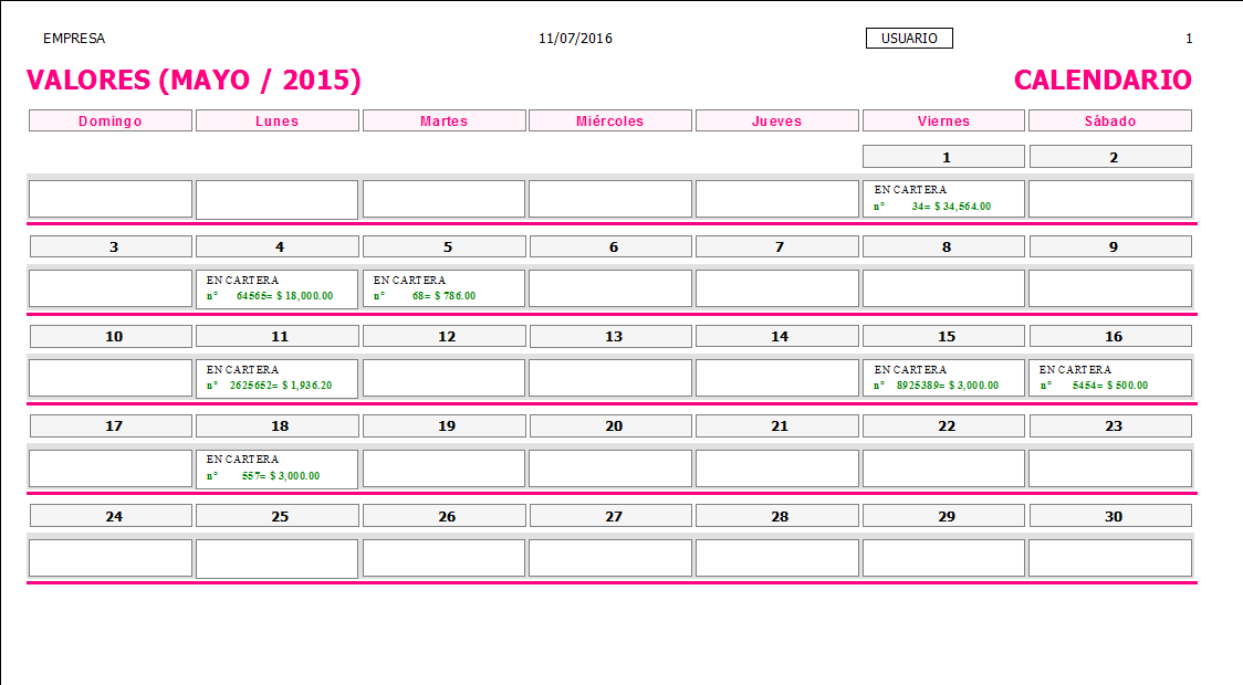 ERP Naitiva - Calendario de Valores